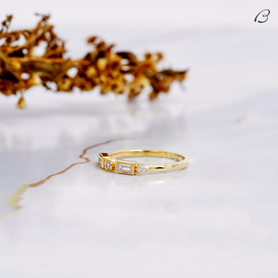 Baguette And Round Cut Half Eternity Bezel Set Stackable Wedding Band