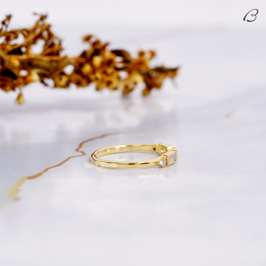 Baguette And Round Cut Half Eternity Bezel Set Stackable Wedding Band