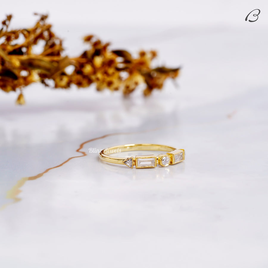 Baguette And Round Cut Half Eternity Bezel Set Stackable Wedding Band