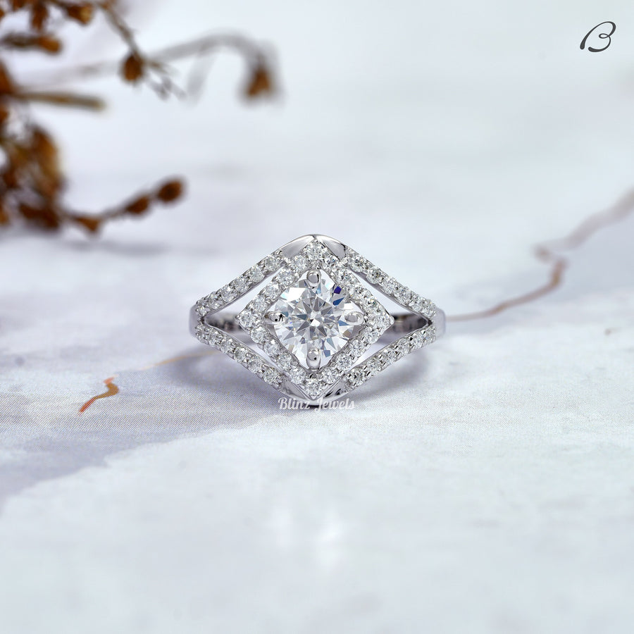 Round Cut Colorless Moissanite Split Shank Halo Engagement Ring For Women