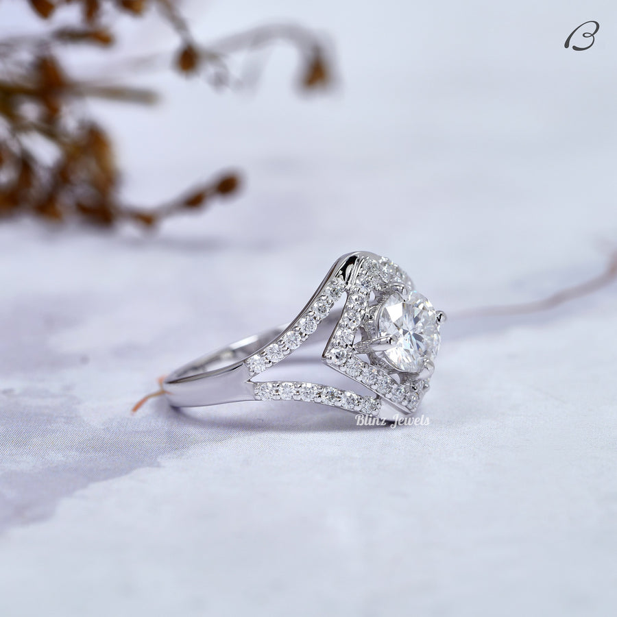 Round Cut Colorless Moissanite Split Shank Halo Engagement Ring For Women