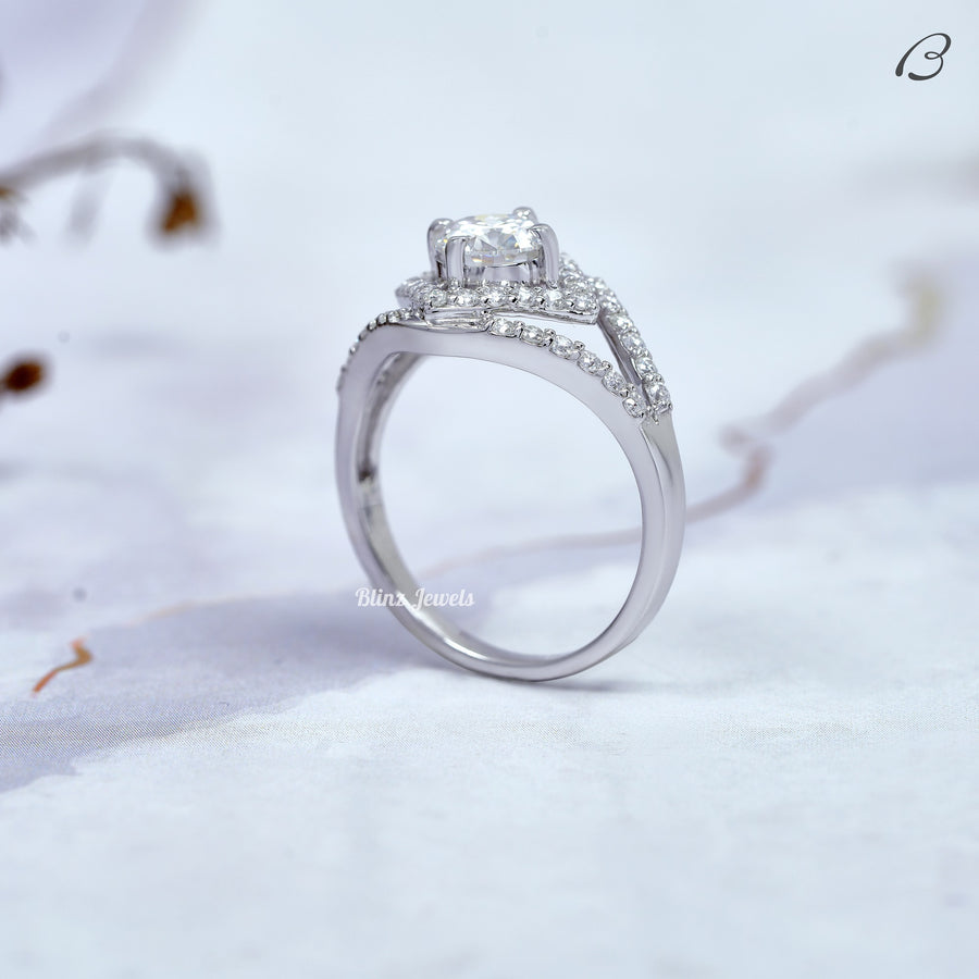 Round Cut Colorless Moissanite Split Shank Halo Engagement Ring For Women