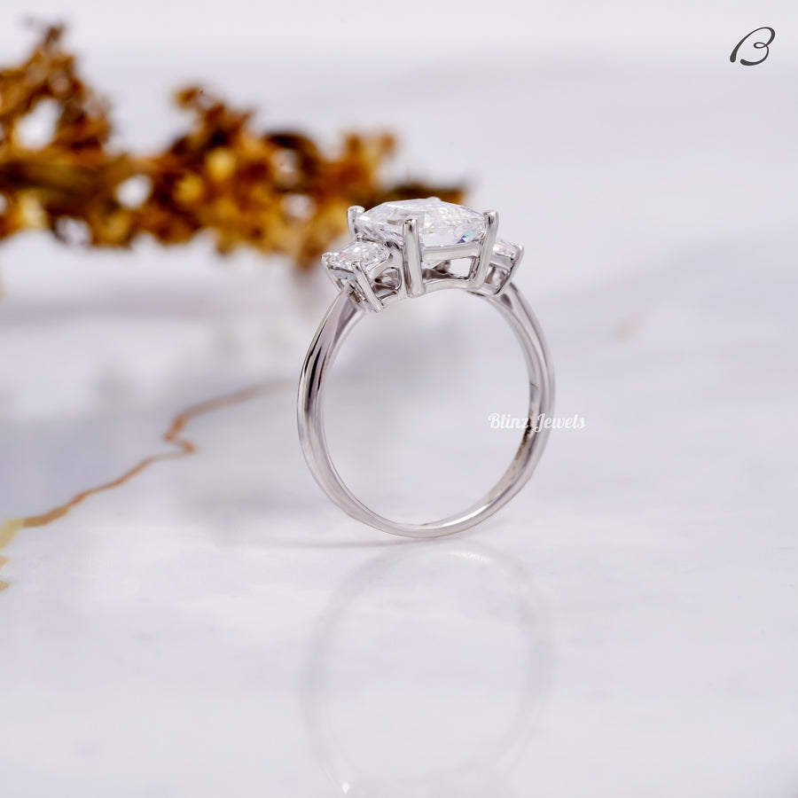 Emerald Cut Three Stone Moissanite Diamond Engagement Ring