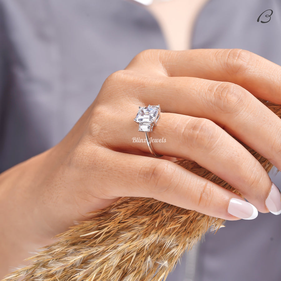 Emerald Cut Three Stone Moissanite Diamond Engagement Ring