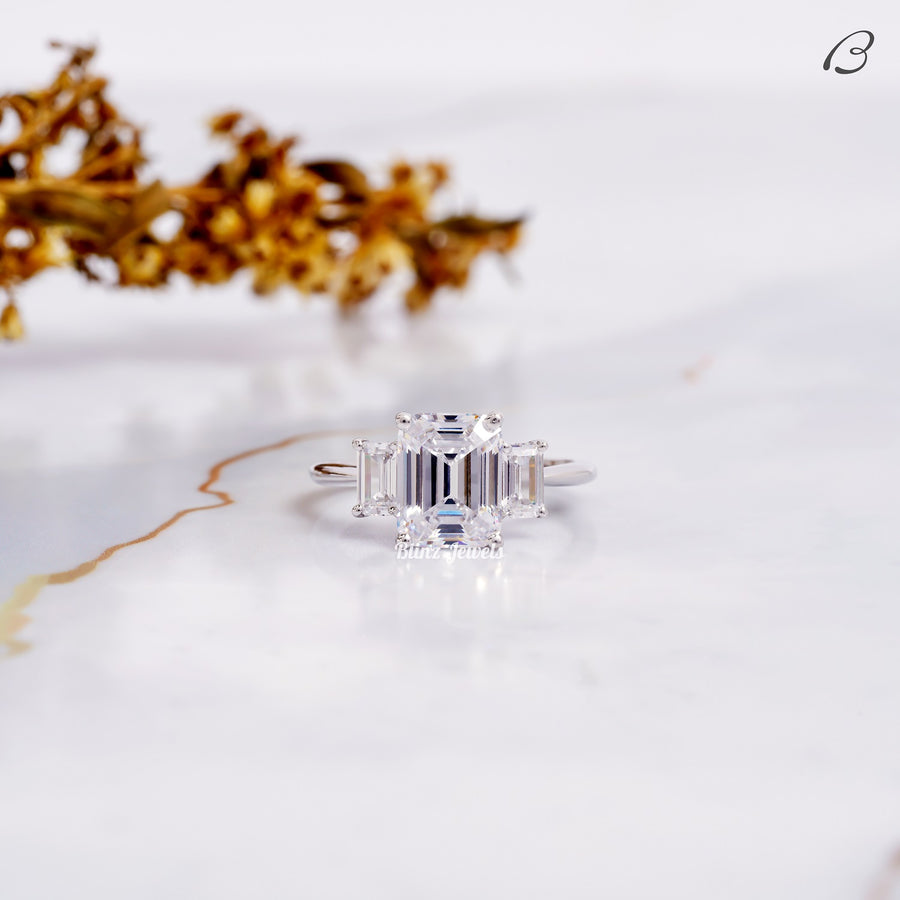 Emerald Cut Three Stone Moissanite Diamond Engagement Ring