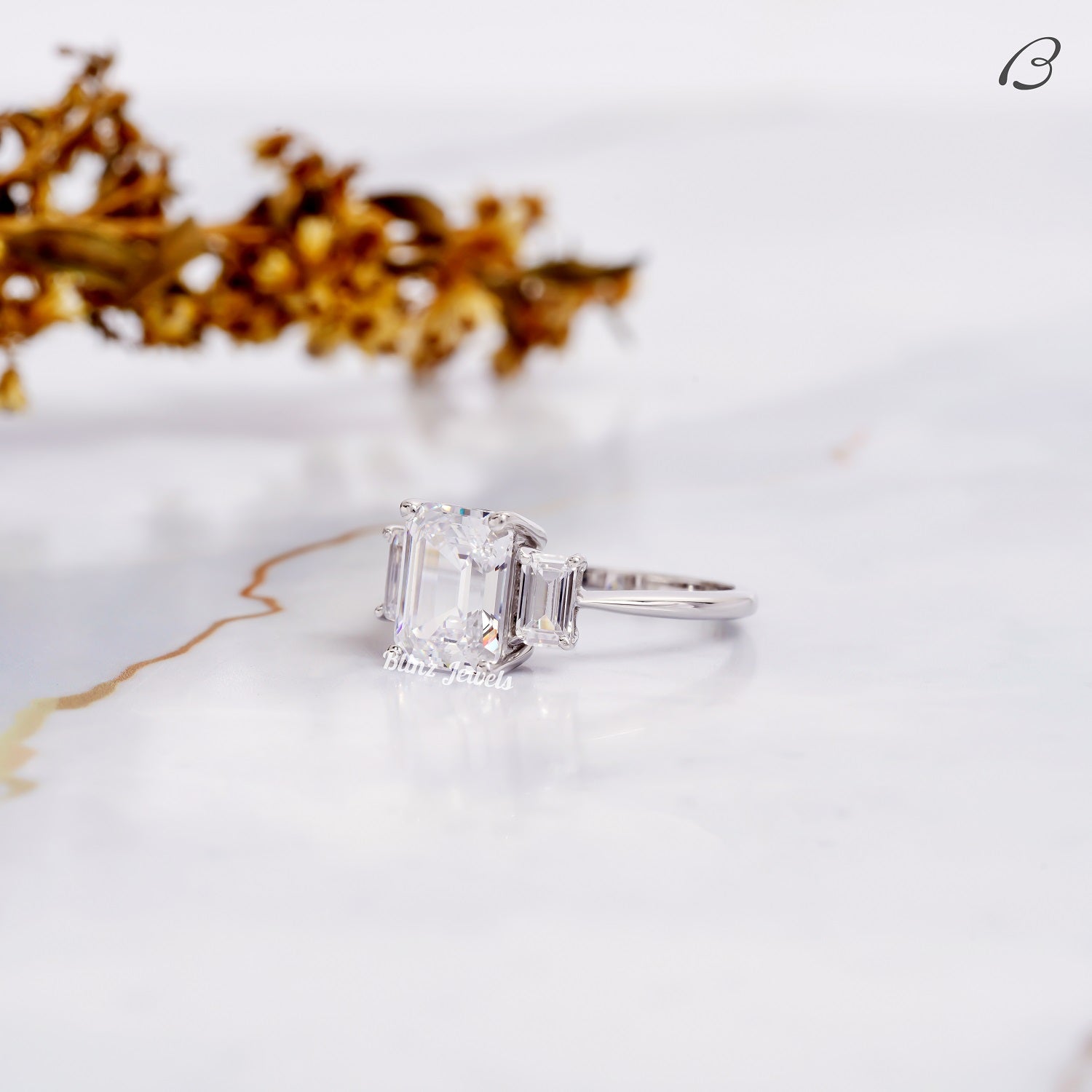 Emerald Cut Three Stone Moissanite Diamond Engagement Ring