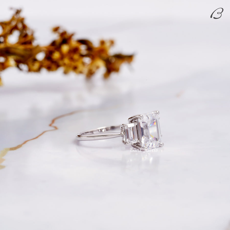 Emerald Cut Lab Grown Diamond Three Stone Anniversary Gift Ring