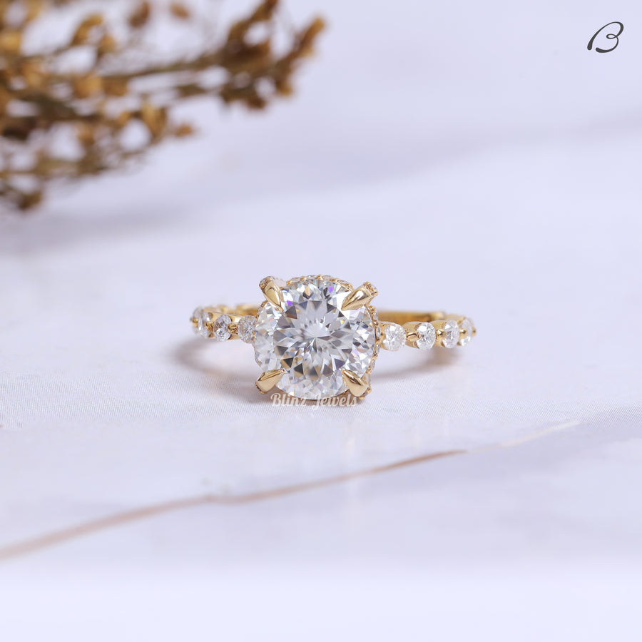 Portuguese Round Cut Lab Grown Diamond Hidden Halo Bubble Prong Set Engagement Ring
