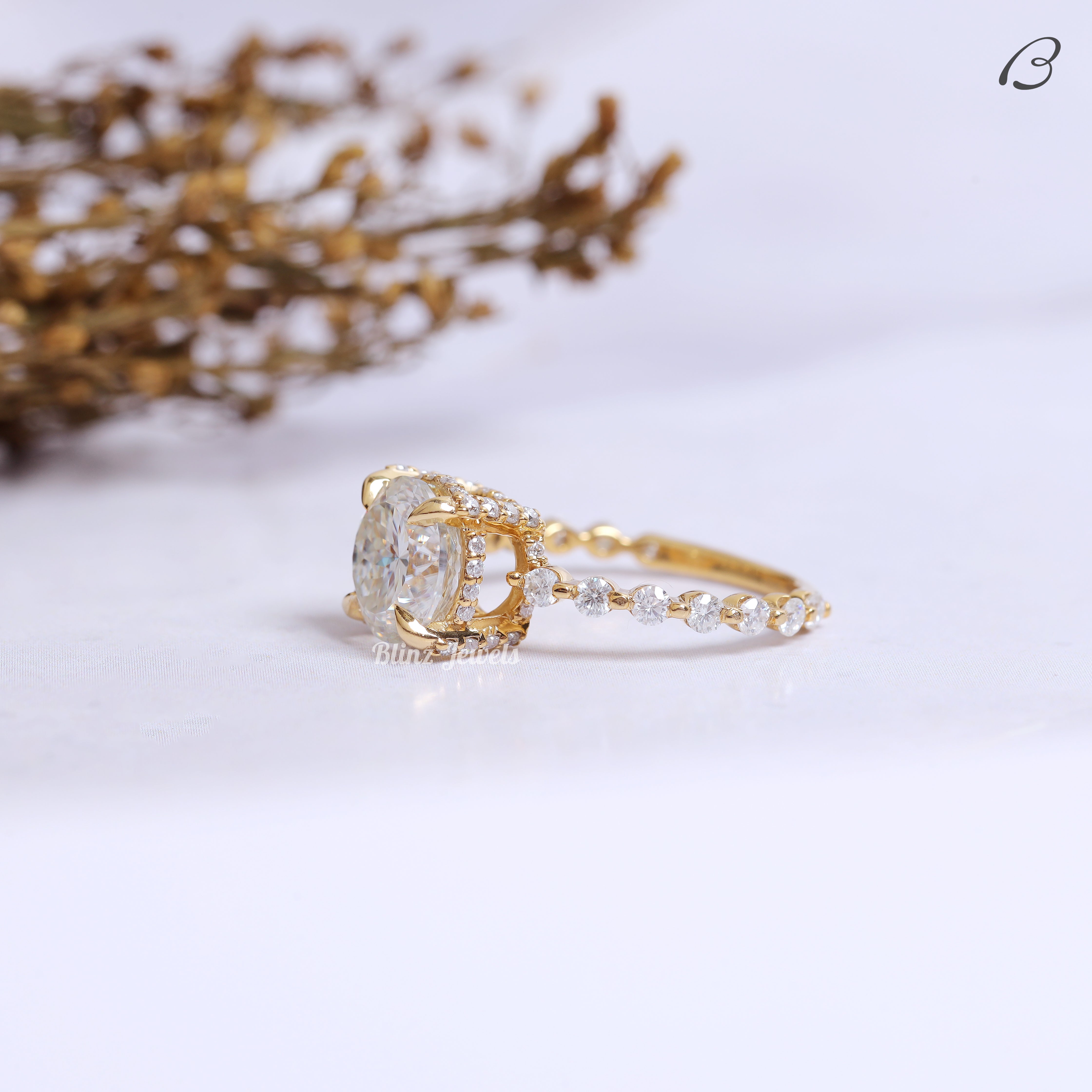 Portuguese Round Cut Lab Grown Diamond Hidden Halo Bubble Prong Set Engagement Ring