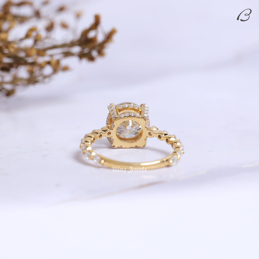 Portuguese Round Cut Lab Grown Diamond Hidden Halo Bubble Prong Set Engagement Ring