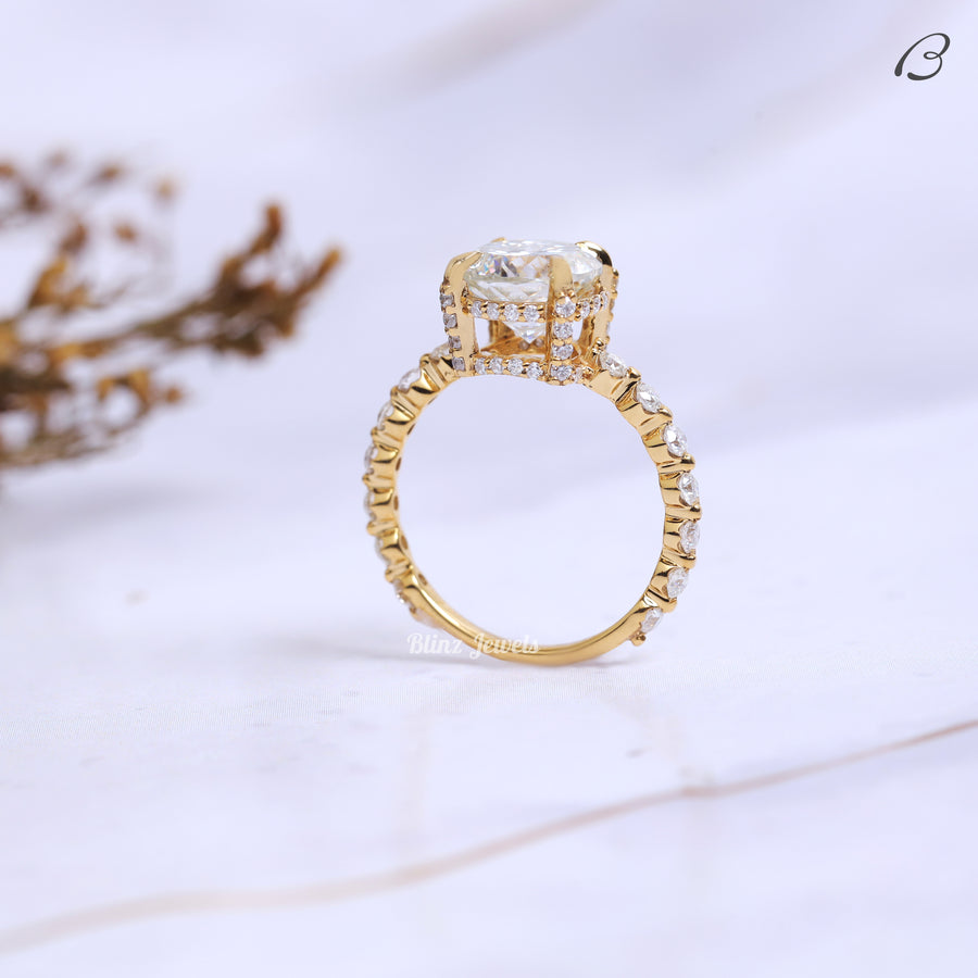 Portuguese Round Cut Lab Grown Diamond Hidden Halo Bubble Prong Set Engagement Ring