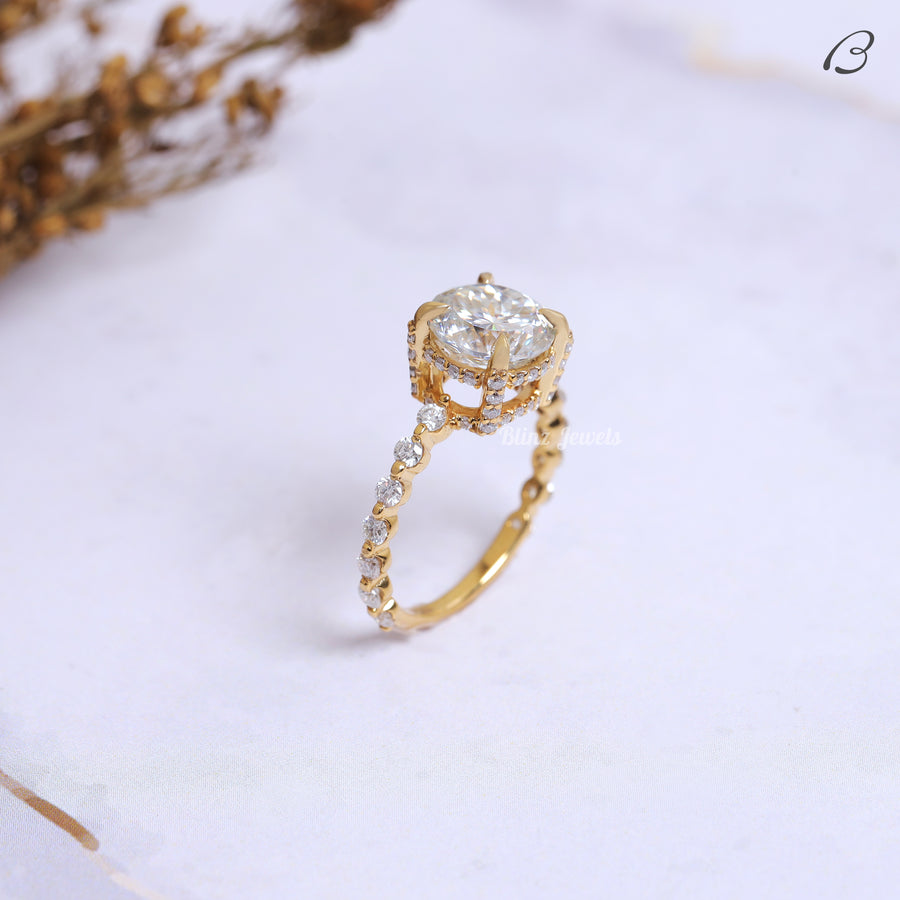 Portuguese Round Cut Lab Grown Diamond Hidden Halo Bubble Prong Set Engagement Ring