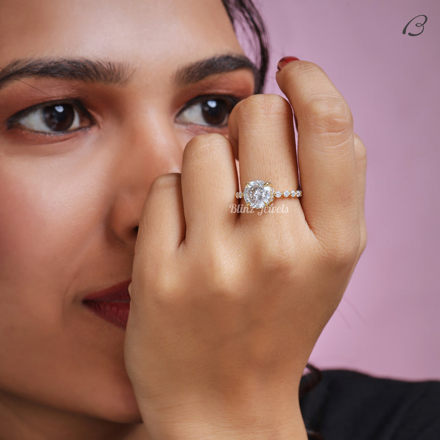 Portuguese Round Cut Lab Grown Diamond Hidden Halo Bubble Prong Set Engagement Ring