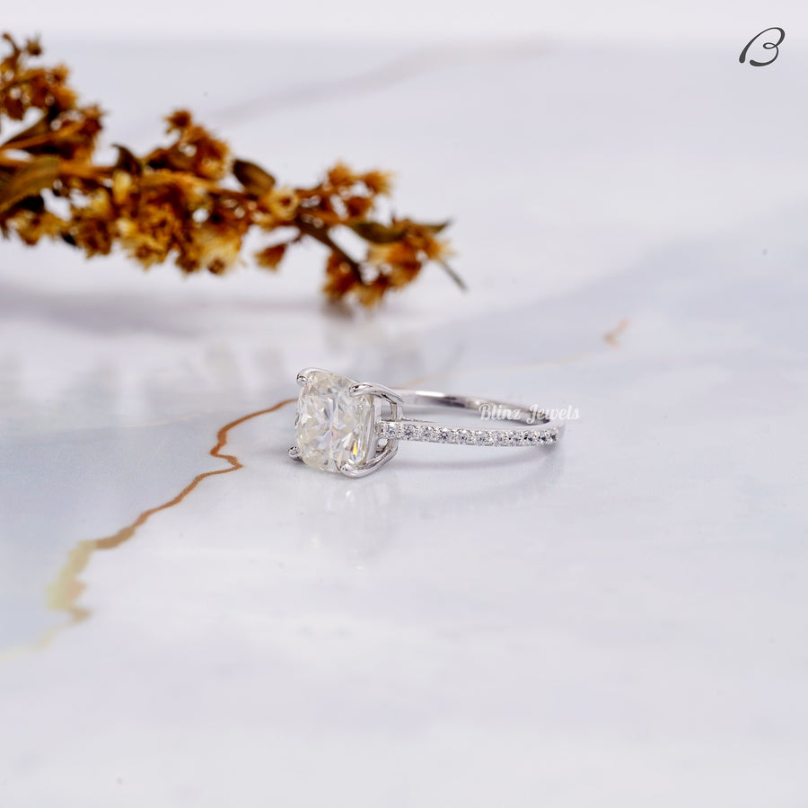 Cushion Cut IGI Certified F/VVS2 Lab Grown Diamond Solitaire With Accent Wedding Ring