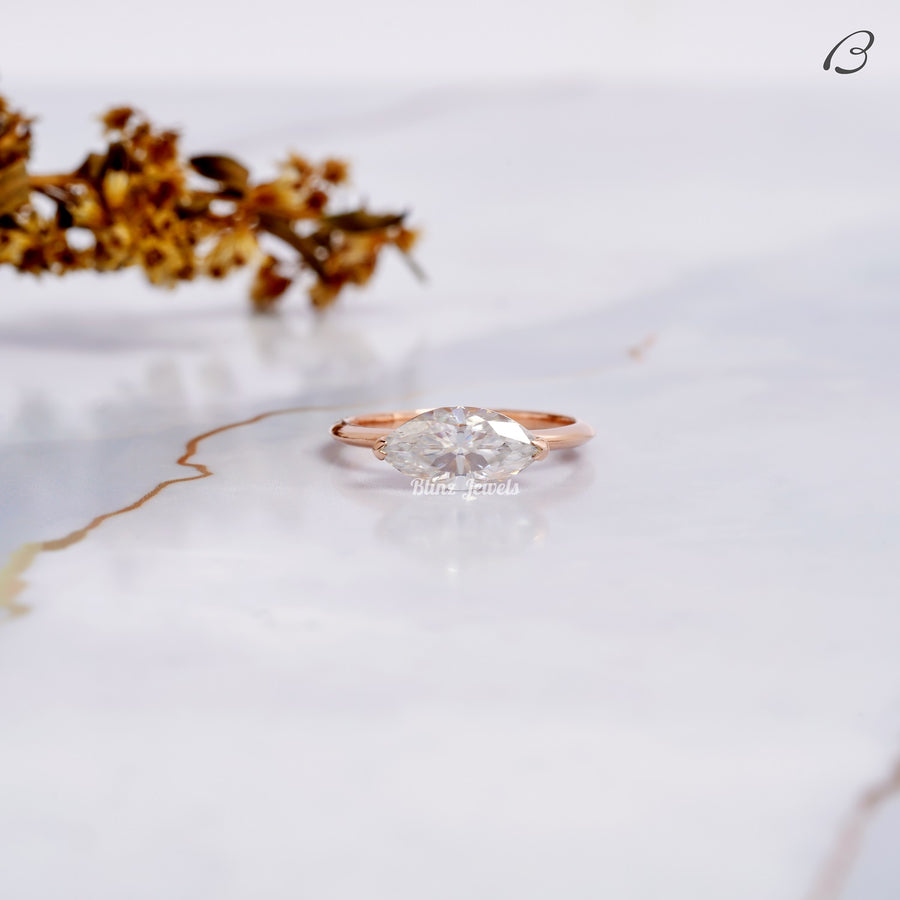 East To West Marquise Cut Moissanite Diamond Solitaire Engagement Ring