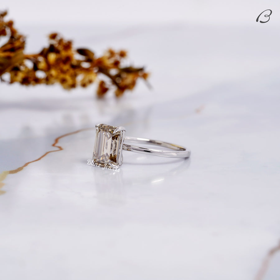 Emerald Cut Smoky Quartz Brown Color Moissanite Solitaire Engagement Ring
