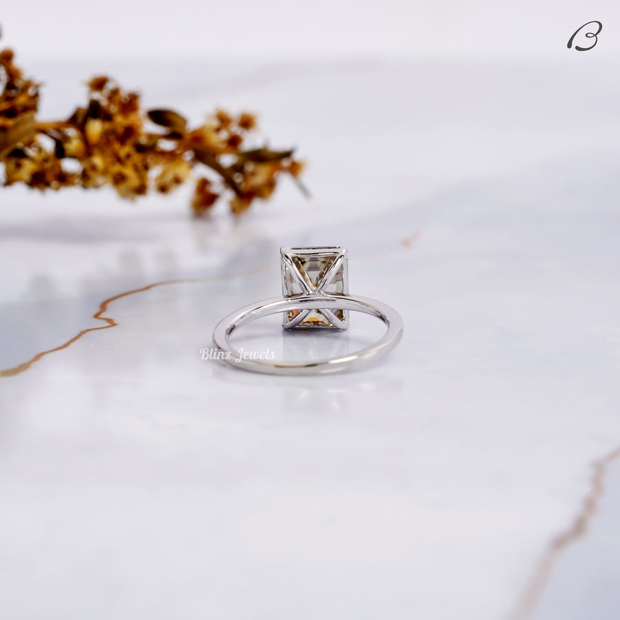 Emerald Cut Smoky Quartz Brown Color Moissanite Solitaire Engagement Ring