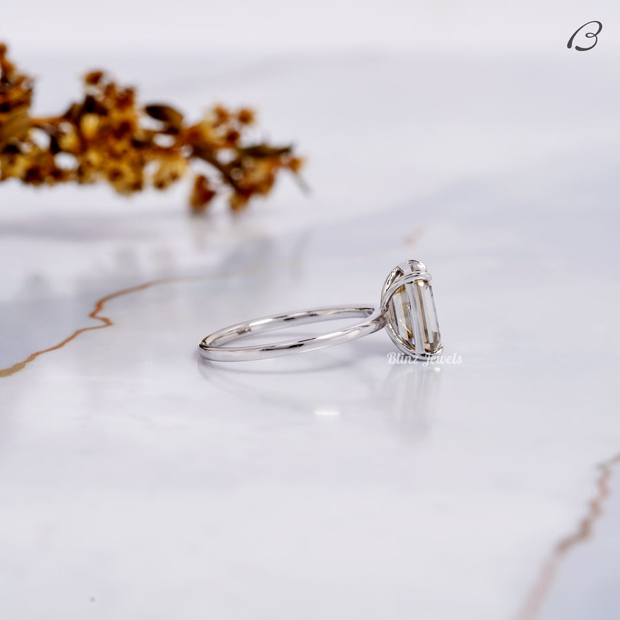 Emerald Cut Smoky Quartz Brown Color Moissanite Solitaire Engagement Ring