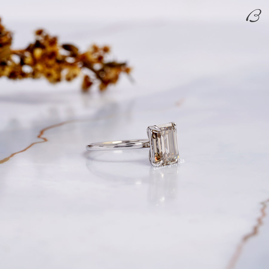 Emerald Cut Smoky Quartz Brown Color Moissanite Solitaire Engagement Ring