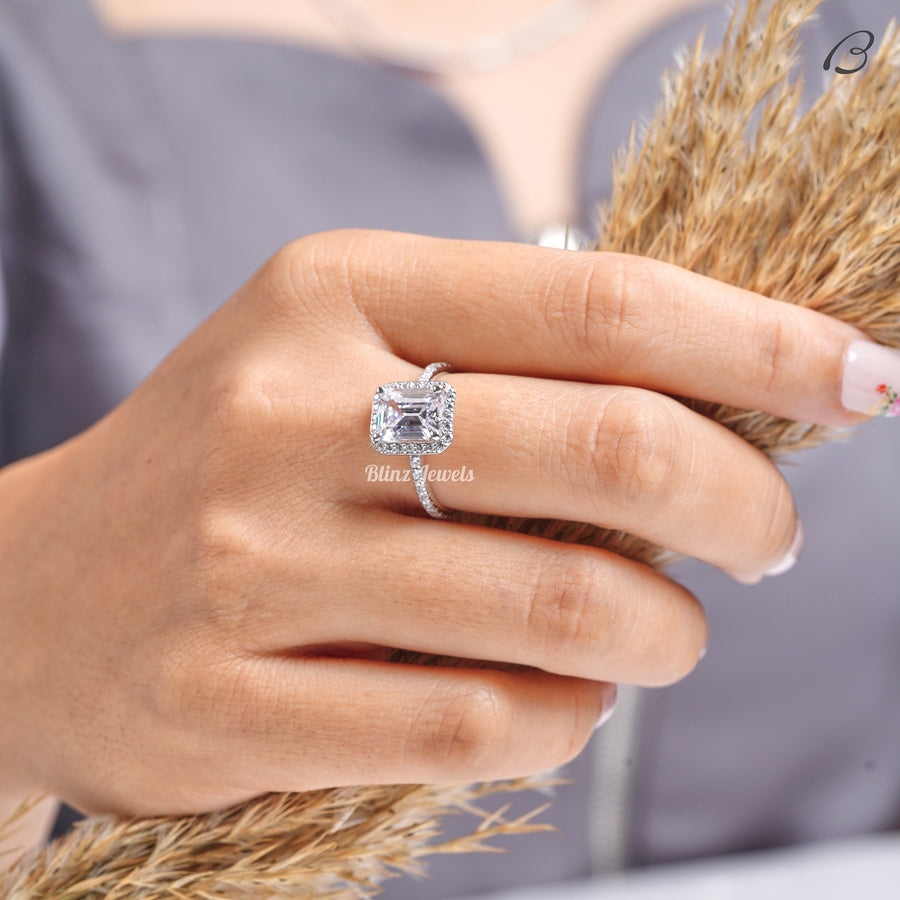 Emerald Cut Moissanite Solitaire With Accent Halo Engagement Ring