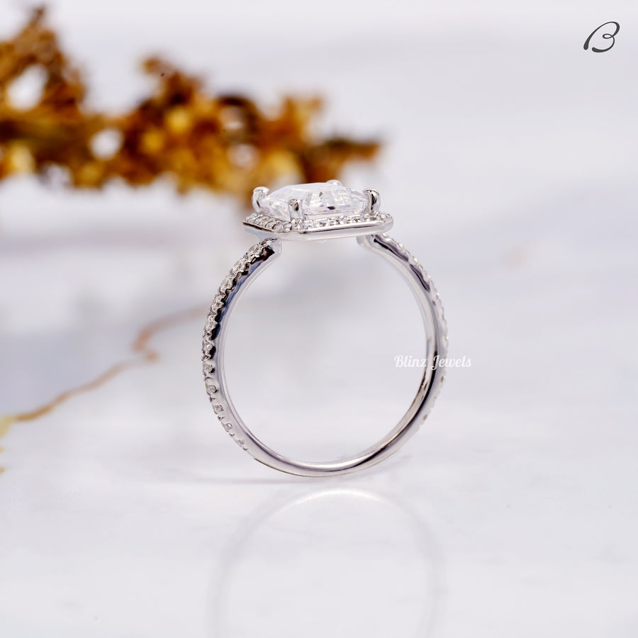 Emerald Cut Moissanite Solitaire With Accent Halo Engagement Ring