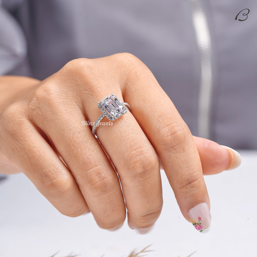 Emerald Cut Moissanite Solitaire With Accent Halo Engagement Ring