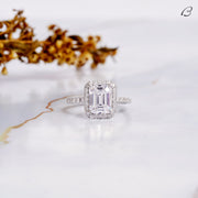Emerald Cut Moissanite Solitaire With Accent Halo Engagement Ring