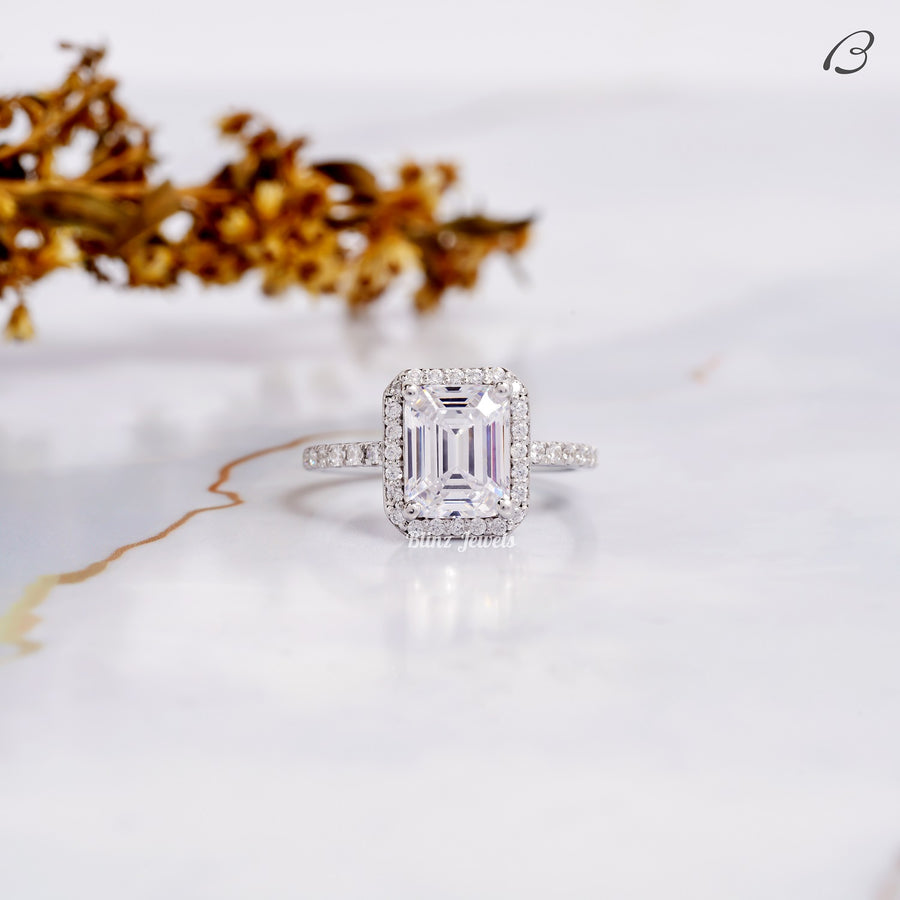 Emerald Cut Moissanite Solitaire With Accent Halo Engagement Ring