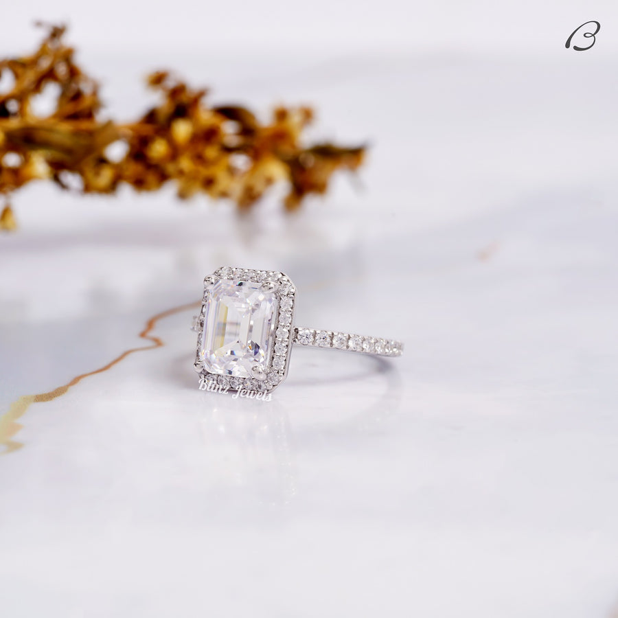 Emerald Cut Moissanite Solitaire With Accent Halo Engagement Ring