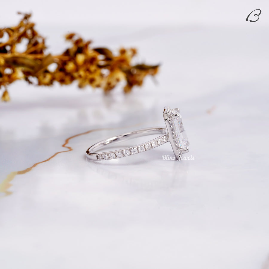 Emerald Cut Moissanite Solitaire With Accent Halo Engagement Ring
