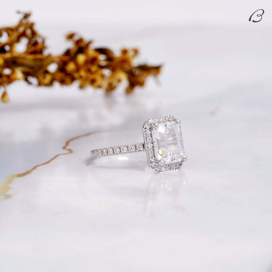 Emerald Cut Moissanite Solitaire With Accent Halo Engagement Ring