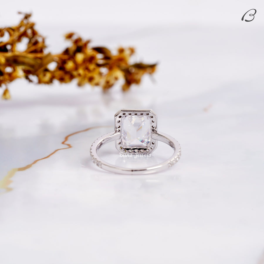 Emerald Cut Moissanite Solitaire With Accent Halo Engagement Ring