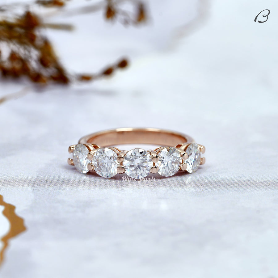 Round Cut Five Stone Moissanite Solid Gold Wedding Band