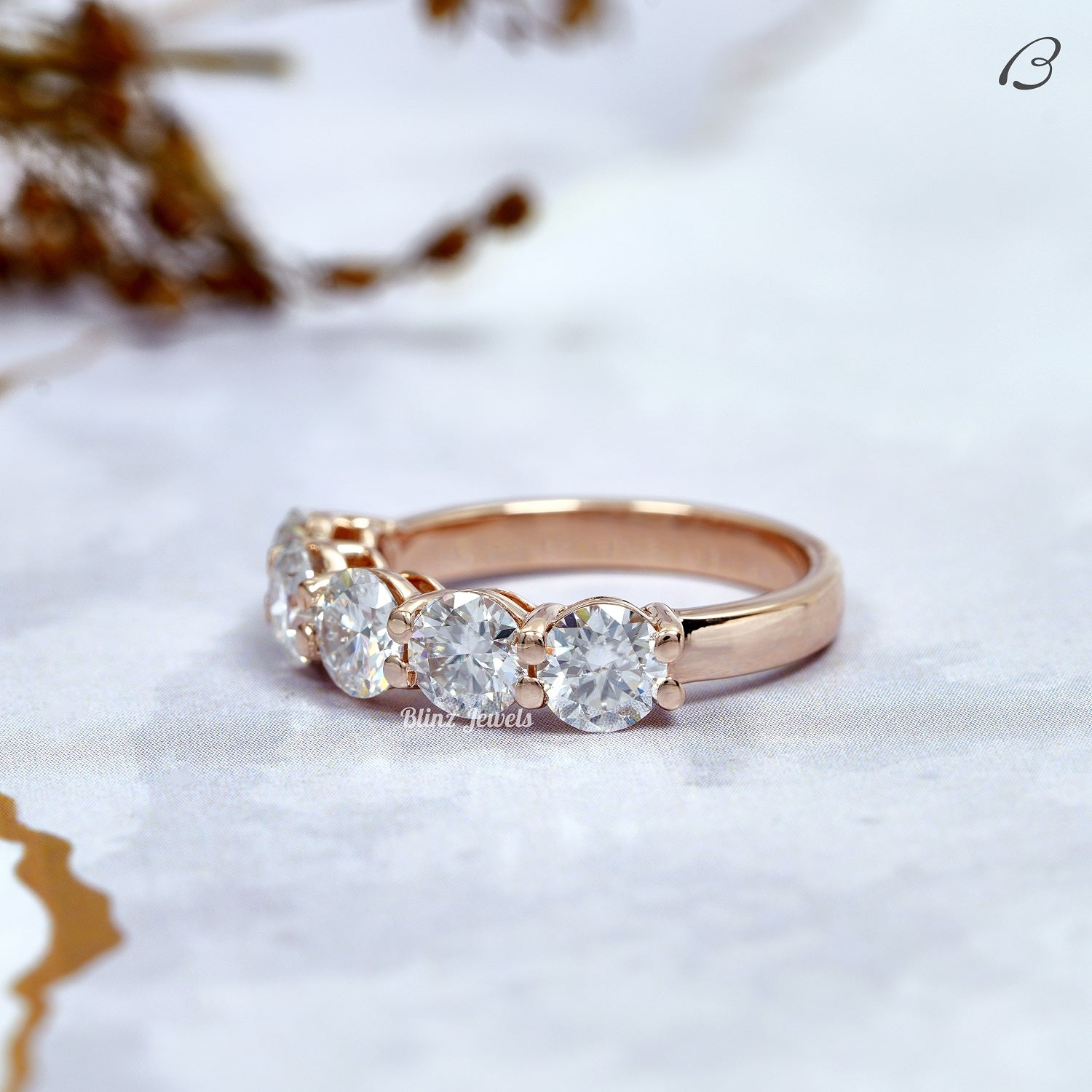 Round Cut Five Stone Moissanite Solid Gold Wedding Band