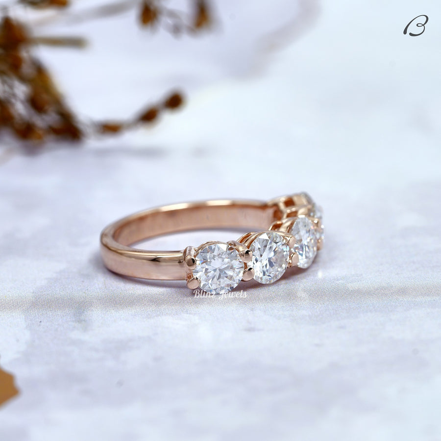Round Cut Five Stone Moissanite Solid Gold Wedding Band