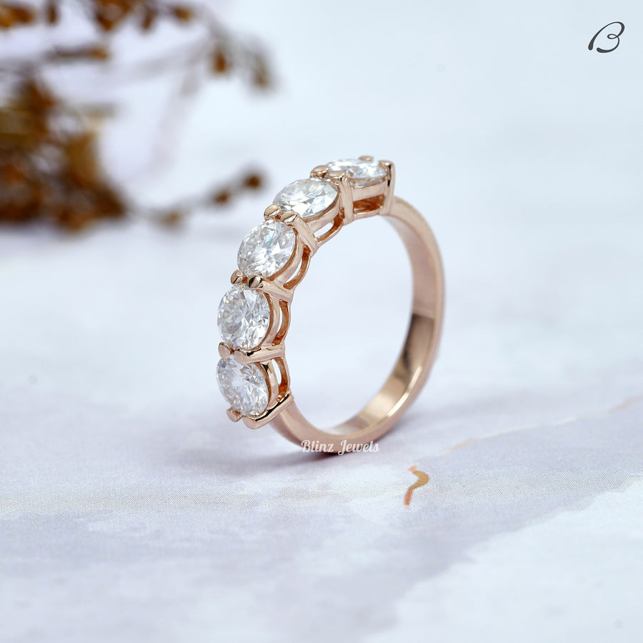 Round Cut Five Stone Moissanite Solid Gold Wedding Band