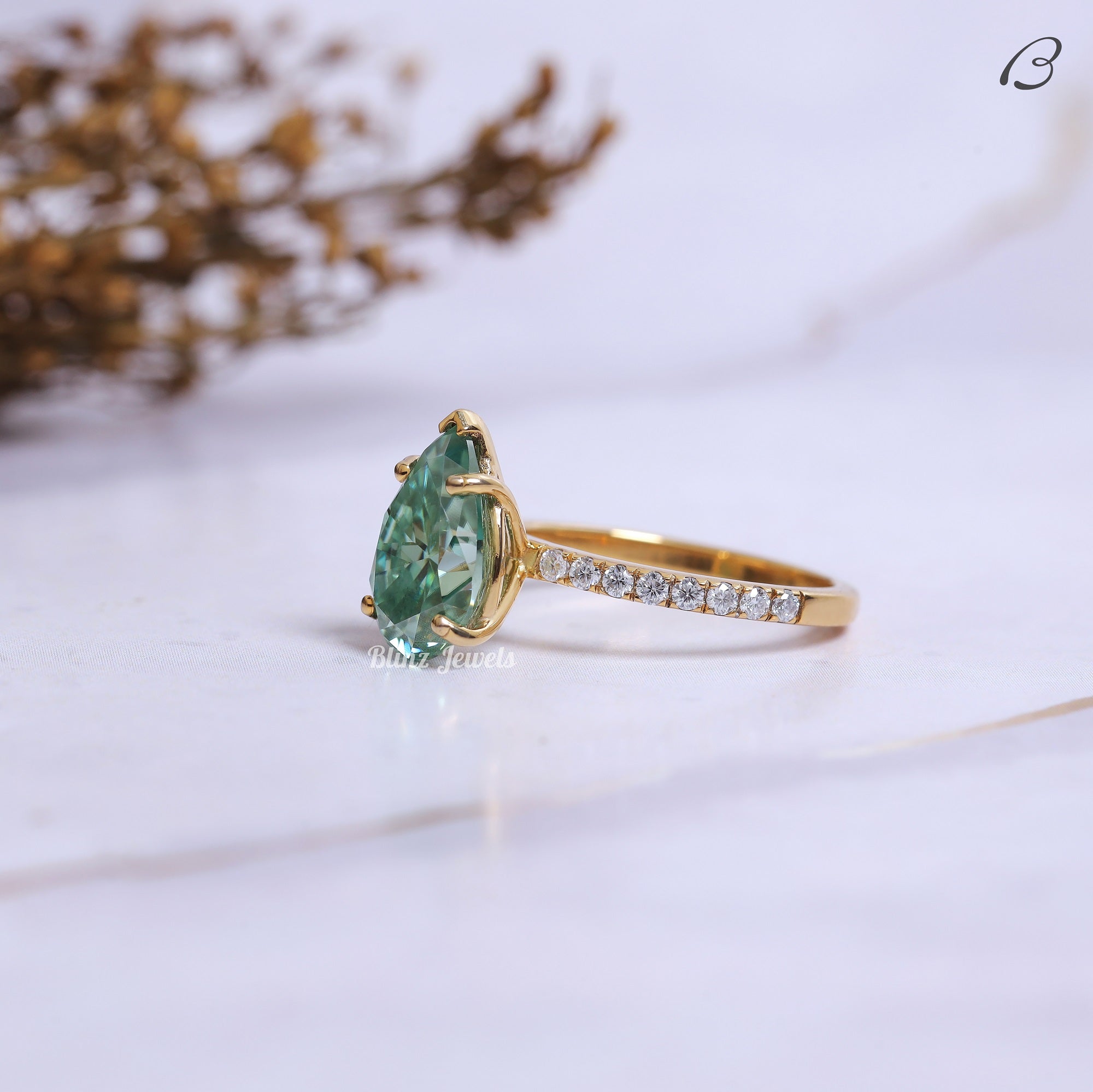 Green Pear Cut Moissanite Solitaire With Accent Anniversary Gift Ring