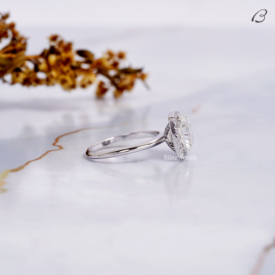 IGI certified Cushion Cut Lab Grown Diamond Solitaire Halo Wedding Bridal Ring