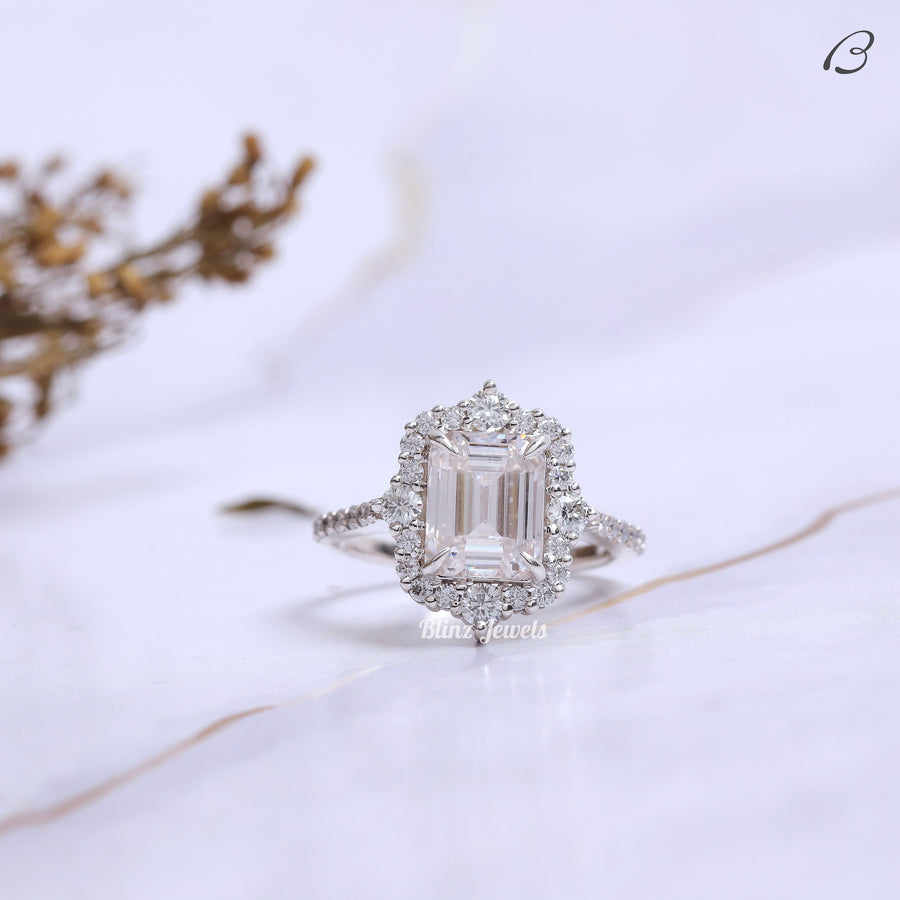 Cluster Halo Emerald Cut Colorless Moissanite Diamond Engagement Ring
