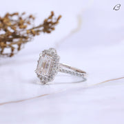 Cluster Halo Emerald Cut Colorless Moissanite Diamond Engagement Ring