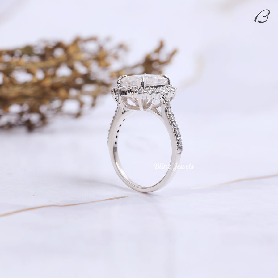 Cluster Halo Emerald Cut Colorless Moissanite Diamond Engagement Ring
