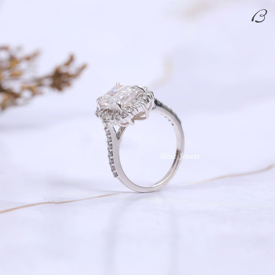 Cluster Halo Emerald Cut Colorless Moissanite Diamond Engagement Ring