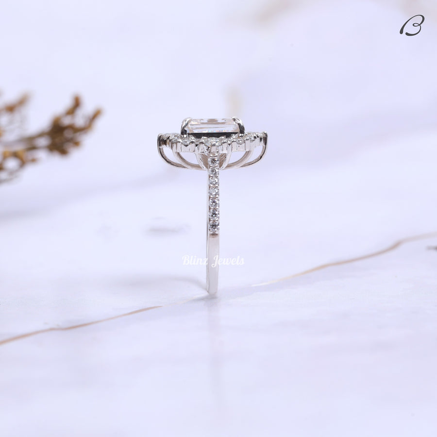 Cluster Halo Emerald Cut Colorless Moissanite Diamond Engagement Ring