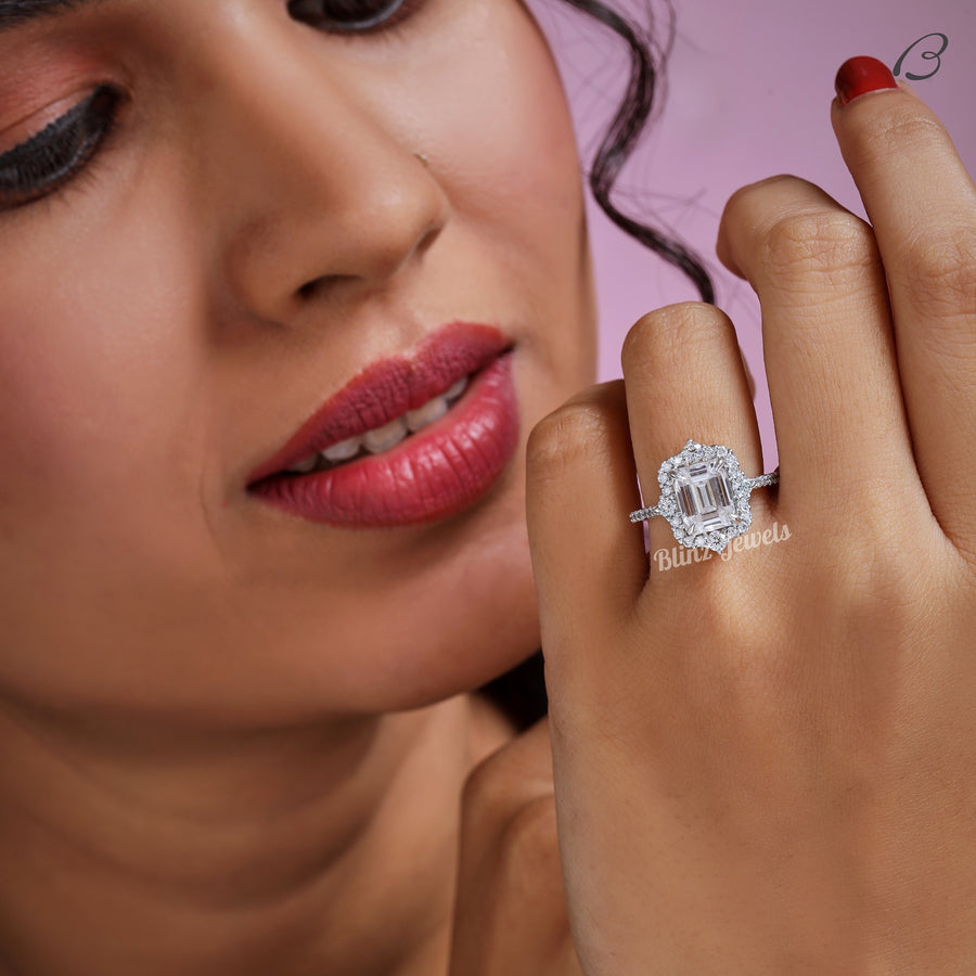 Cluster Halo Emerald Cut Colorless Moissanite Diamond Engagement Ring