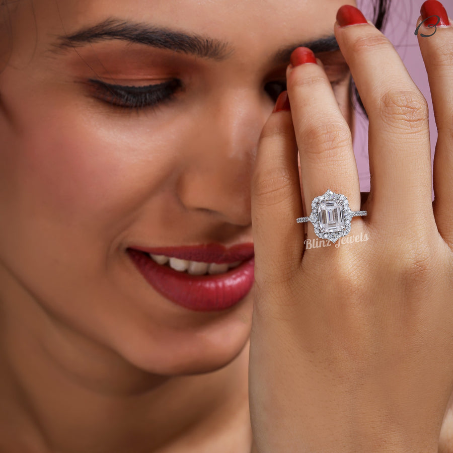 Cluster Halo Emerald Cut Colorless Moissanite Diamond Engagement Ring