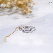 East West Emerald Cut Moissanite Three Stone Engagement Ring