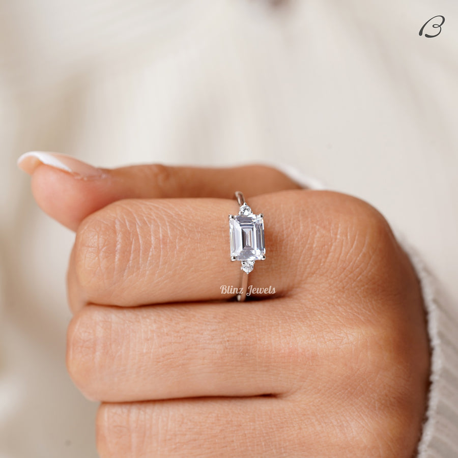 East West Emerald Cut Moissanite Three Stone Engagement Ring